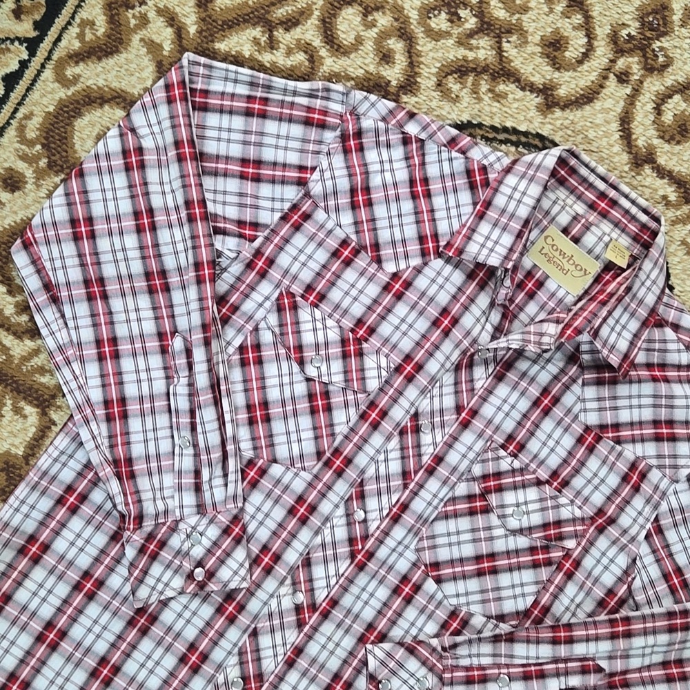 Western Red White Plaid Pearl Snap Shirt Y2K Cowboy Legend Rodeo Casual 2000s